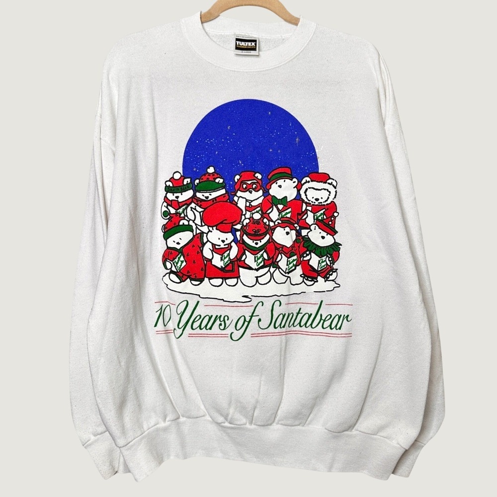 Vintage Tultex Santabear 10 Years Christmas Sweatshirt White XL Made in USA 90s